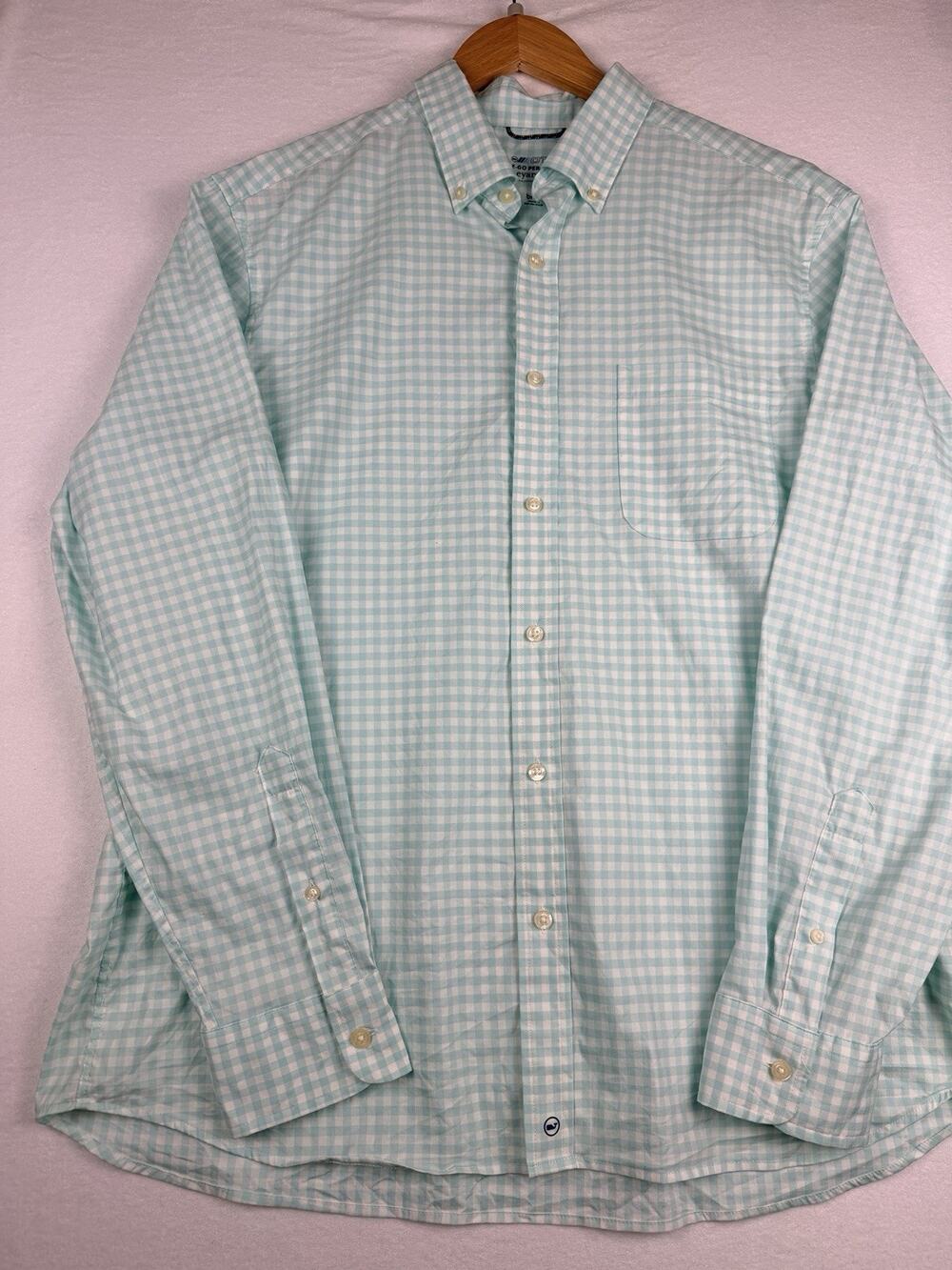 Vineyard Vines Shirt Men’s L Aqua Gingham OTG Performance Brrr Cooling Stretch